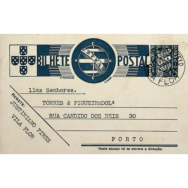 1937 Bilhete Postal Inteiro «Tudo pela Nação» de 25 c. azul enviado de Vila Flor para o Porto