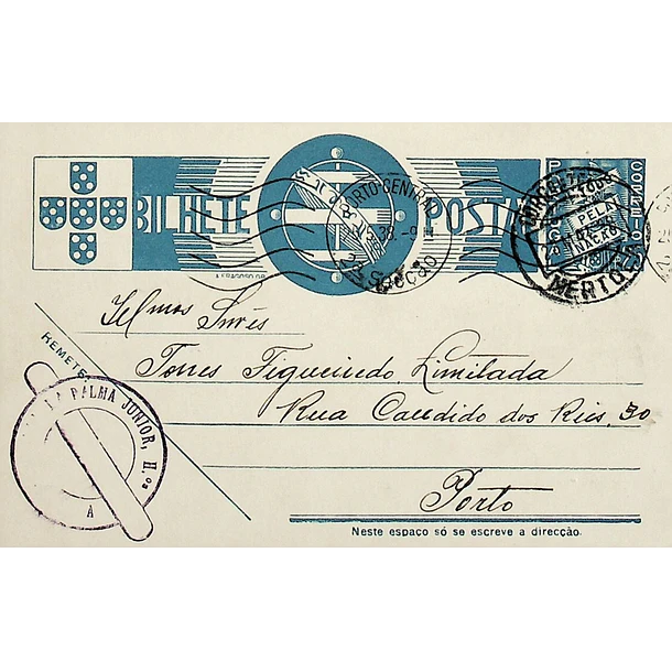 1938 Bilhete Postal Inteiro «Tudo pela Nação» de 25 c. azul enviado de Mértola para o Porto