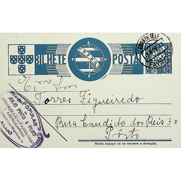1937 Bilhete Postal Inteiro «Tudo pela Nação» de 25 c. azul enviado de Favaios para o Porto