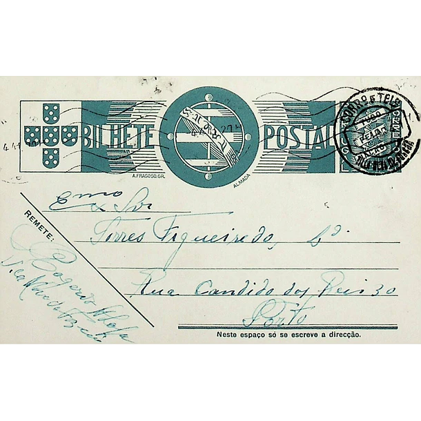 1941 Bilhete Postal Inteiro «Tudo pela Nação» de 25 c. azul enviado de Vila Nova de Foz Côa para o Porto