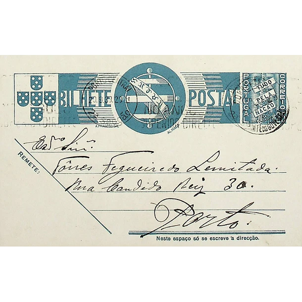 1939 Bilhete Postal Inteiro «Tudo pela Nação» de 25 c. azul enviado de Ponte do Gove para o Porto