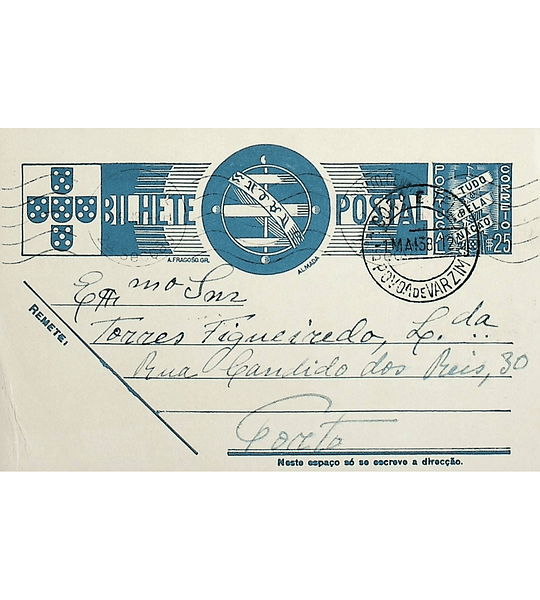 1938 Bilhete Postal Inteiro «Tudo pela Nação» de 25 c. azul enviado da Póvoa do Varzim para o Porto