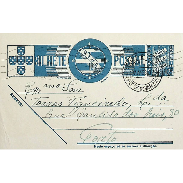 1938 Bilhete Postal Inteiro «Tudo pela Nação» de 25 c. azul enviado da Póvoa do Varzim para o Porto