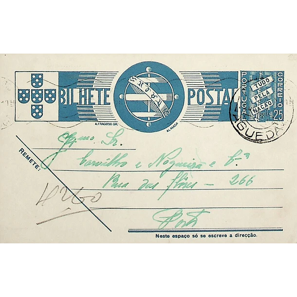 1938 Bilhete Postal Inteiro «Tudo pela Nação» de 25 c. azul enviado de Águeda para o Porto