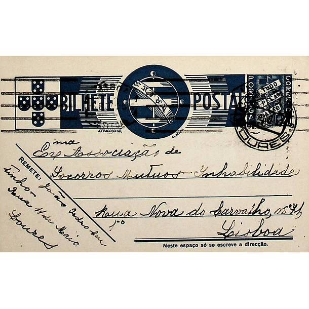 1937 Bilhete Postal Inteiro «Tudo pela Nação» de 25 c. azul enviado de Loures para Lisboa