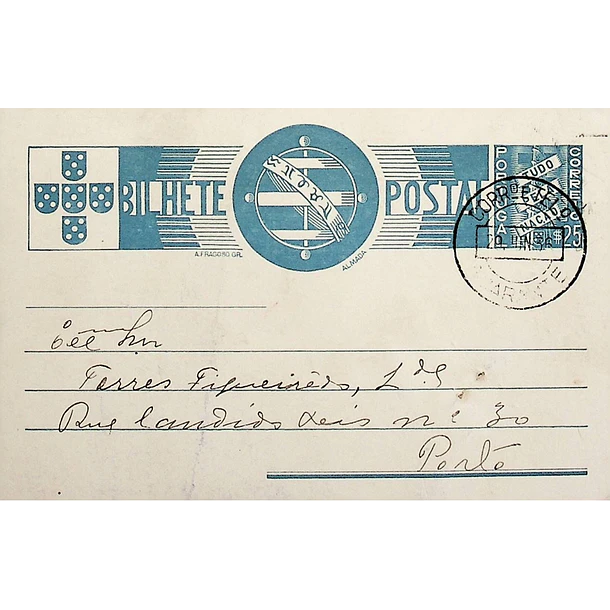 1936 Bilhete Postal Inteiro «Tudo pela Nação» de 25 c. azul enviado de Amarante para o Porto