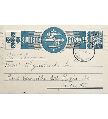 1937 Bilhete Postal Inteiro «Tudo pela Nação» de 25 c. azul enviado de Vila Nova do Paiva para o Porto