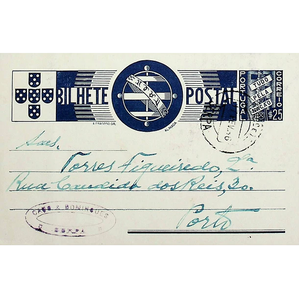 1936 Bilhete Postal Inteiro «Tudo pela Nação» de 25 c. azul enviado de Serpa para o Porto