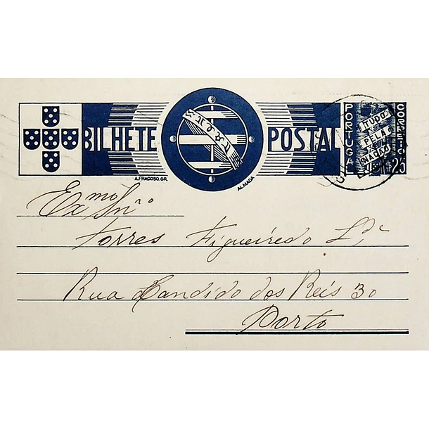 1936 Bilhete Postal Inteiro «Tudo pela Nação» de 25 c. azul enviado de Seixas para o Porto