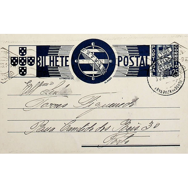 1936 Bilhete Postal Inteiro «Tudo pela Nação» de 25 c. azul enviado de Ervedosa do Douro para o Porto