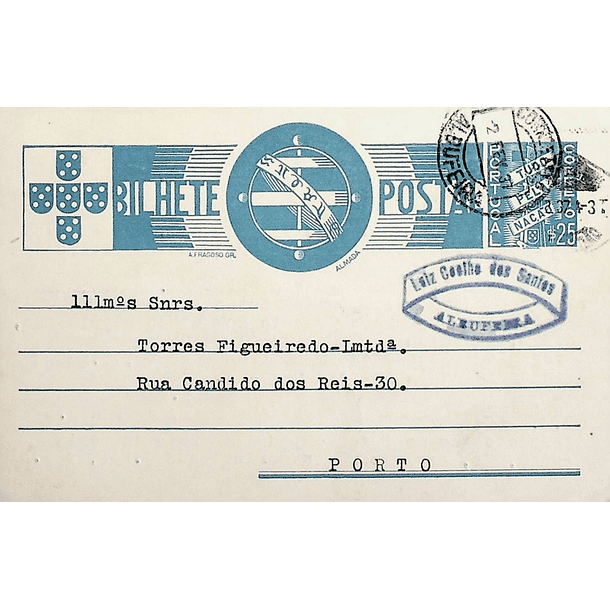 1937 Bilhete Postal Inteiro «Tudo pela Nação» de 25 c. azul enviado de Albufeira para o Porto 1