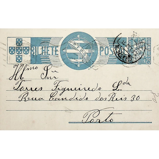 1936 Bilhete Postal Inteiro «Tudo pela Nação» de 25 c. azul enviado de Mesão Frio para o Porto