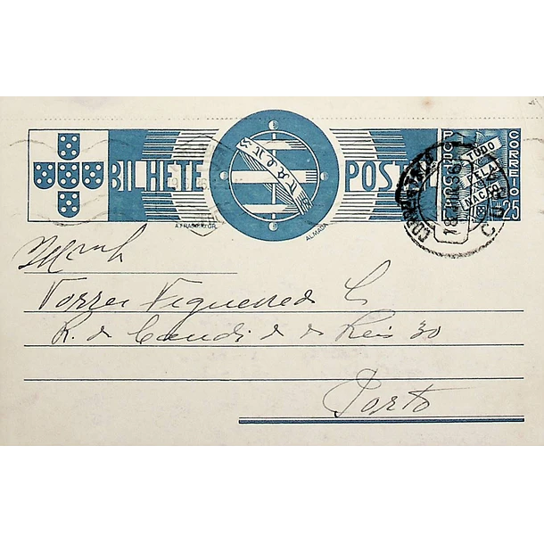 1936 Bilhete Postal Inteiro «Tudo pela Nação» de 25 c. azul enviado de Cuba para o Porto