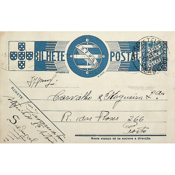 1938 Bilhete Postal Inteiro «Tudo pela Nação» de 25 c. azul enviado do Sabugal para o Porto