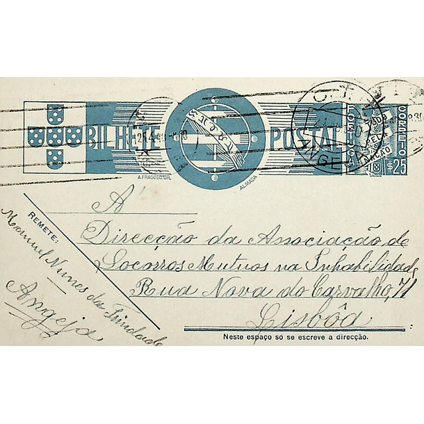 1940 Bilhete Postal Inteiro «Tudo pela Nação» de 25 c. azul enviado de Angeja para Lisboa