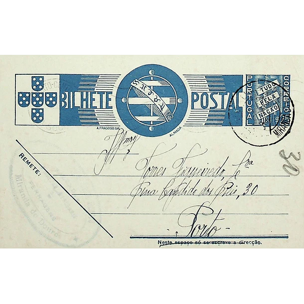 1938 Bilhete Postal Inteiro «Tudo pela Nação» de 25 c. azul enviado de Miranda do Douro para Lisboa