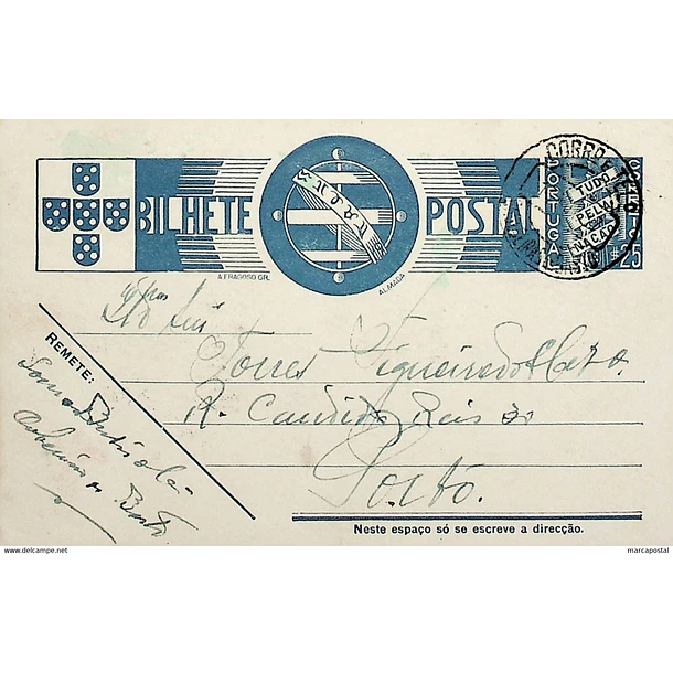 1937 Bilhete Postal Inteiro «Tudo pela Nação» de 25 c. azul enviado de Cabeceiras de Basto para Lisboa
