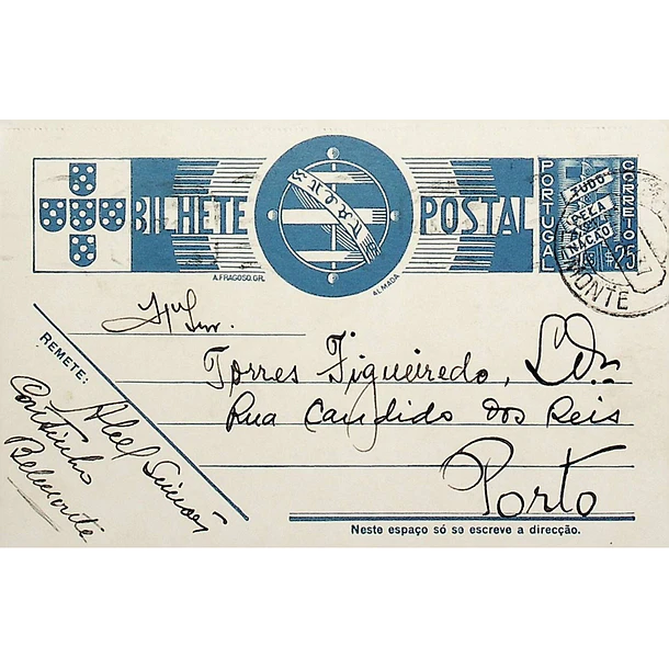 1937 Bilhete Postal Inteiro «Tudo pela Nação» de 25 c. azul enviado de Belmonte para Lisboa 1