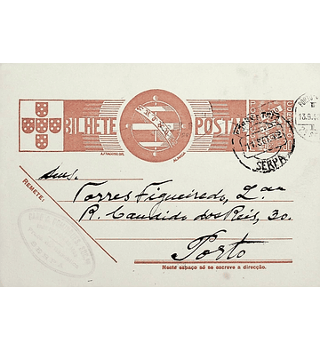 1942 Bilhete Postal Inteiro «Tudo pela Nação» de 30 c. ocre-castanho enviado de Serpa para o Porto