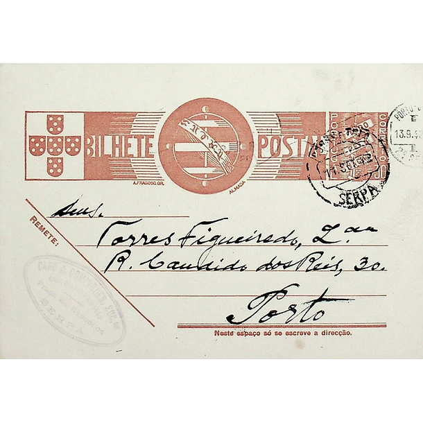 1942 Bilhete Postal Inteiro «Tudo pela Nação» de 30 c. ocre-castanho enviado de Serpa para o Porto