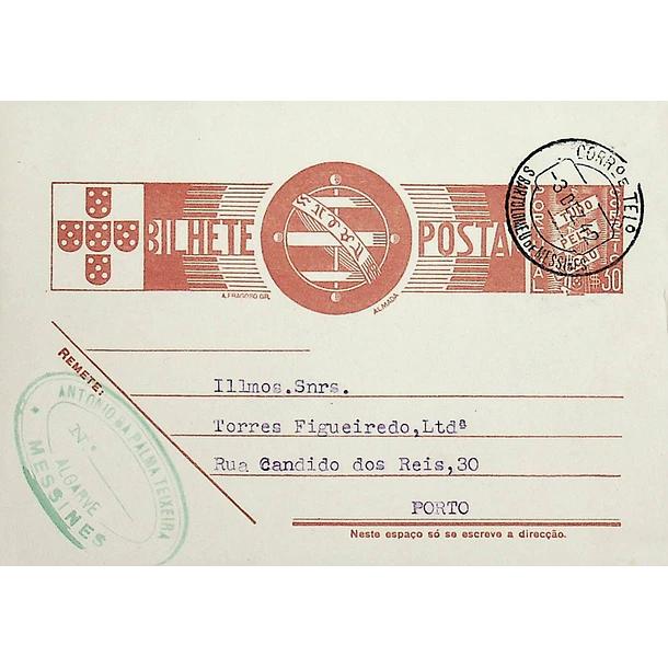 1942 Bilhete Postal Inteiro «Tudo pela Nação» de 30 c. ocre-castanho enviado de São Bartolomeu de Messines para o Porto