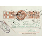 1942 Bilhete Postal Inteiro «Tudo pela Nação» de 30 c. ocre-castanho enviado das Minas de São Domingos para o Porto 1