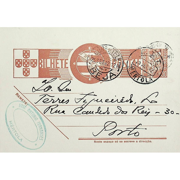 1942 Bilhete Postal Inteiro «Tudo pela Nação» de 30 c. ocre-castanho enviado Mértola para o Porto