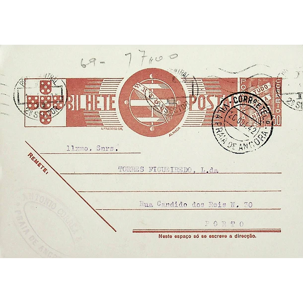1942 Bilhete Postal Inteiro «Tudo pela Nação» de 30 c. ocre-castanho enviado de Vila Praia de Âncora para o Porto