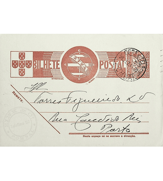 1941 Bilhete Postal Inteiro «Tudo pela Nação» de 30 c. ocre-castanho enviado de Pombal para o Porto