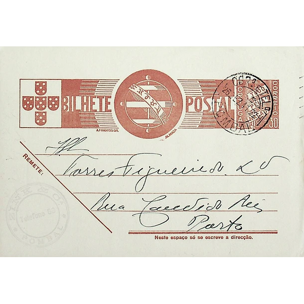 1941 Bilhete Postal Inteiro «Tudo pela Nação» de 30 c. ocre-castanho enviado de Pombal para o Porto
