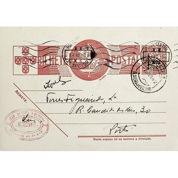 1942 Bilhete Postal Inteiro «Tudo pela Nação» de 30 c. ocre-castanho enviado de Oliveira do Bairro para o Porto