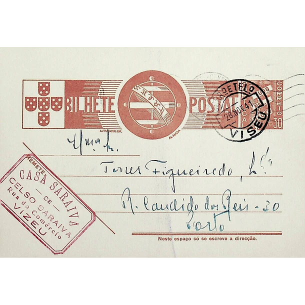 1941 Bilhete Postal Inteiro «Tudo pela Nação» de 30 c. ocre-castanho enviado de Viseu para o Porto