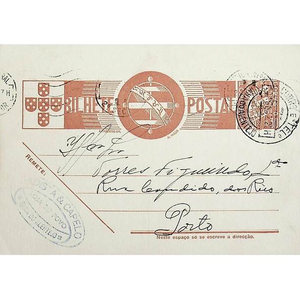 1942 Bilhete Postal Inteiro «Tudo pela Nação» de 30 c. ocre-castanho enviado de Viana do Alentejo para o Porto