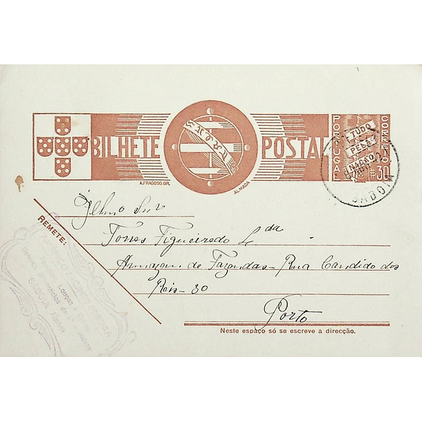 1942 Bilhete Postal Inteiro «Tudo pela Nação» de 30 c. ocre-castanho enviado de Saboia para o Porto