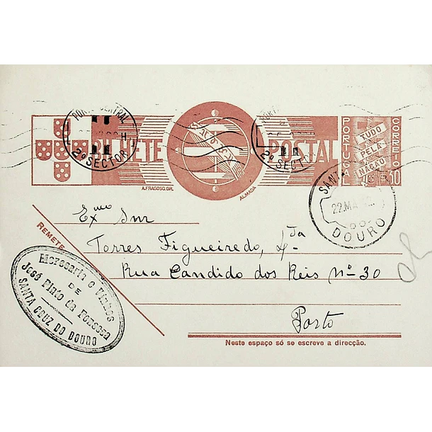 1942 Bilhete Postal Inteiro «Tudo pela Nação» de 30 c. ocre-castanho enviado de Santa Cruz do Douro para o Porto