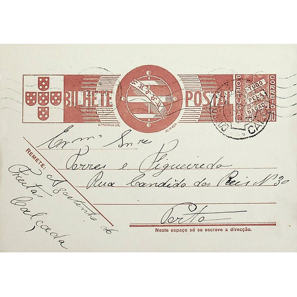 1942 Bilhete Postal Inteiro «Tudo pela Nação» de 30 c. ocre-castanho enviado de Calçada para o Porto