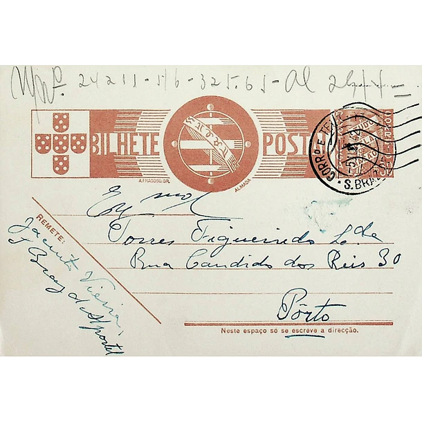 1942 Bilhete Postal Inteiro «Tudo pela Nação» de 30 c. ocre-castanho enviado de São Brás de Alportel para o Porto