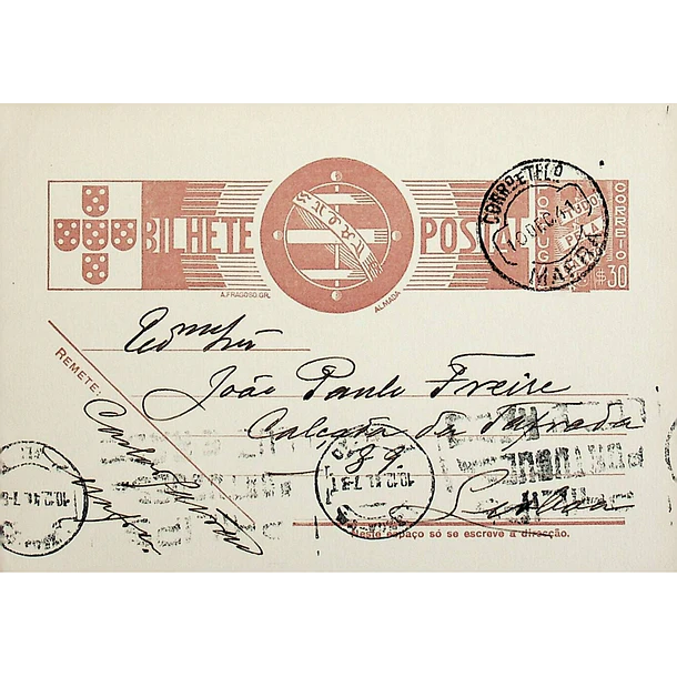 1942 Bilhete Postal Inteiro «Tudo pela Nação» de 30 c. ocre-castanho enviado de Mafra para Lisboa 1