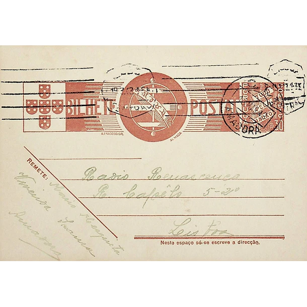 1943 Bilhete Postal Inteiro «Tudo pela Nação» de 30 c. ocre-castanho enviado da Amadora para Lisboa
