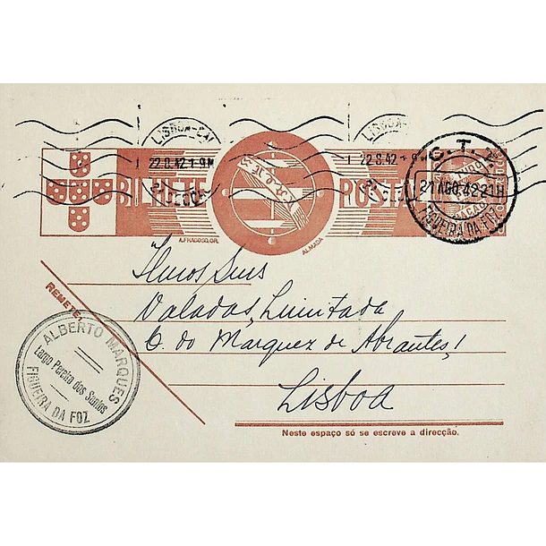 1942 Bilhete Postal Inteiro «Tudo pela Nação» de 30 c. ocre-castanho enviado da FIgueira da Foz para Lisboa
