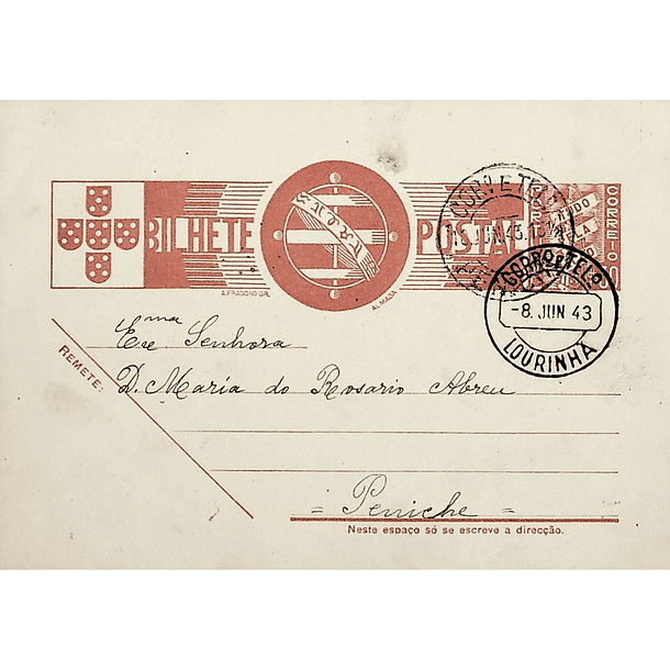 1943 Bilhete Postal Inteiro «Tudo pela Nação» de 30 c. ocre-castanho enviado da Lourinhã para Peniche