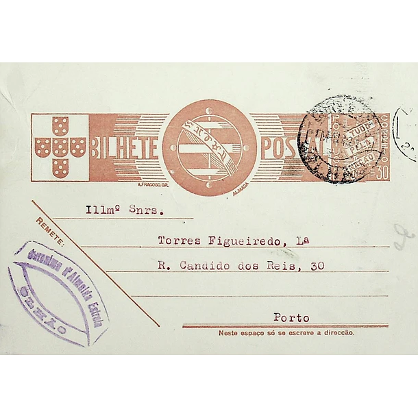 1942 Bilhete Postal Inteiro «Tudo pela Nação» de 30 c. ocre-castanho enviado de Olhão para o Porto