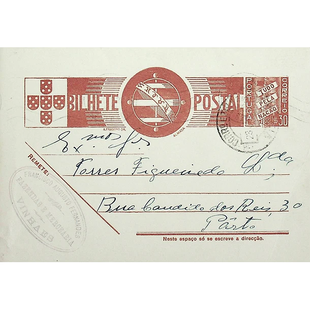 1942 Bilhete Postal Inteiro «Tudo pela Nação» de 30 c. ocre-castanho enviado de Vinhais para o Porto
