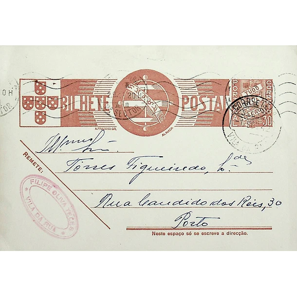 1942 Bilhete Postal Inteiro «Tudo pela Nação» de 30 c. ocre-castanho enviado de Vila da Rua para o Porto