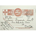 1942 Bilhete Postal Inteiro «Tudo pela Nação» de 30 c. ocre-castanho enviado de Mogadouro para o Porto 1