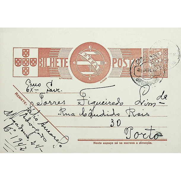 1942 Bilhete Postal Inteiro «Tudo pela Nação» de 30 c. ocre-castanho enviado de Mogadouro para o Porto