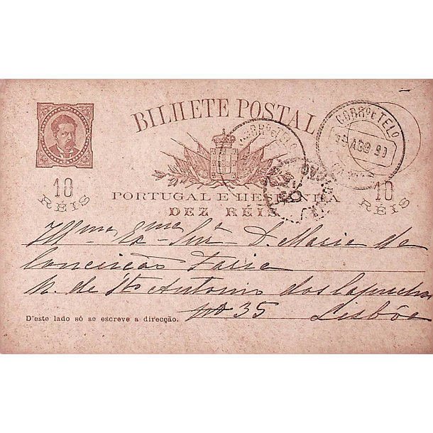 1890 Bilhete Postal Inteiro D. Luís I 10 r. Castanho escuro enviado de Mangualde para Lisboa