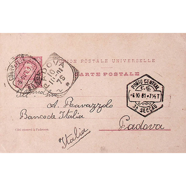 1901 Bilhete Postal Inteiro D. Carlos 25 r. Rosa enviado de Braga para Pádua