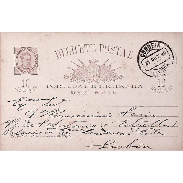 1890 Bilhete Postal Inteiro D. Luís I 10 r. Castanho escuro circulado em Lisboa