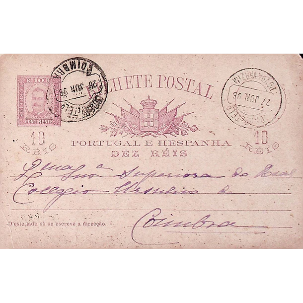 1902 Bilhete Postal Inteiro D. Carlos 10 r. Lilás-castanho enviado da Póvoa do Varzim para Coimbra